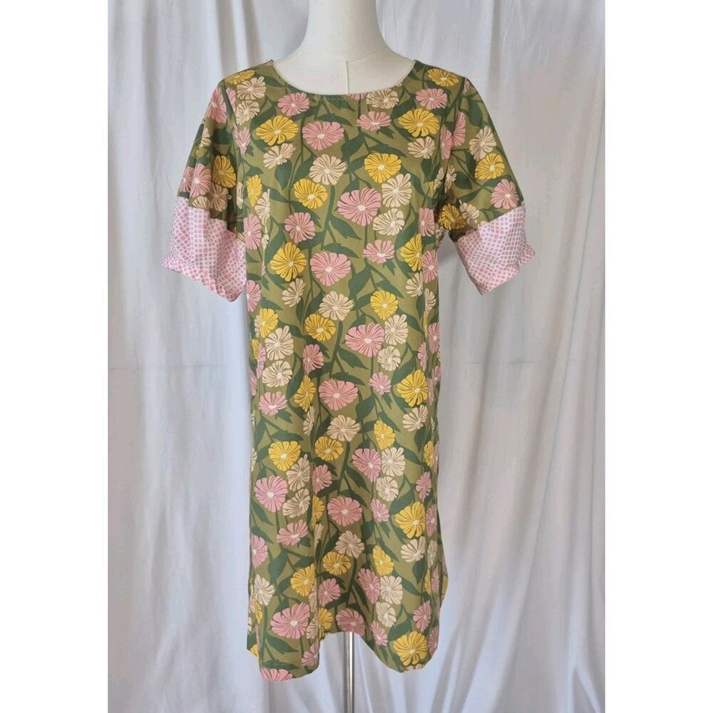 Anthropologie Uncle Frank Green Pink Floral Puff Sleeve Cotton Dress Small